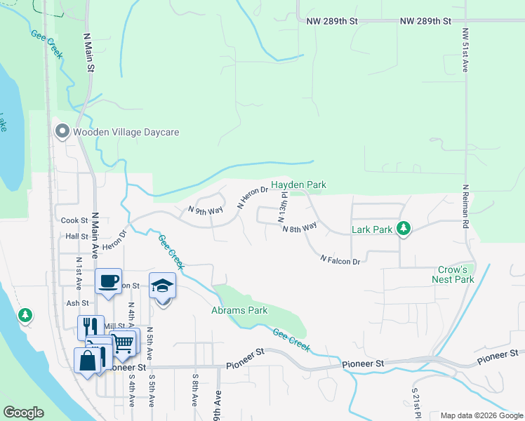 map of restaurants, bars, coffee shops, grocery stores, and more near 1125 North 9th Way in Ridgefield