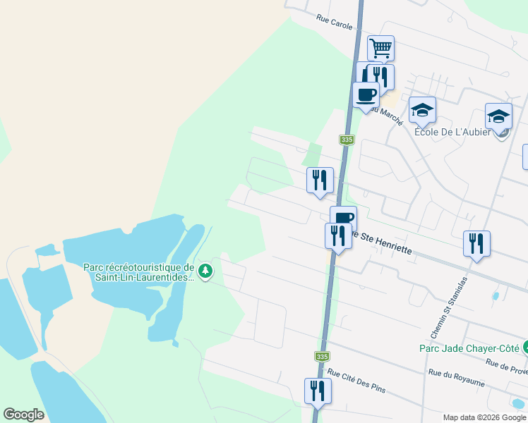 map of restaurants, bars, coffee shops, grocery stores, and more near Rue Olivia in Saint-Lin-Laurentides