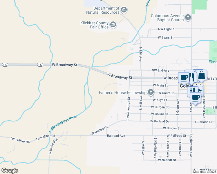 map of restaurants, bars, coffee shops, grocery stores, and more near 820 West Main Street in Goldendale