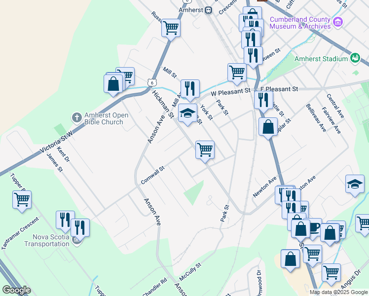map of restaurants, bars, coffee shops, grocery stores, and more near 3 Cornwall Street in Amherst