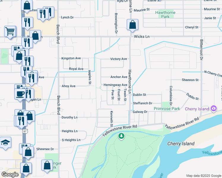 map of restaurants, bars, coffee shops, grocery stores, and more near 1270 Cottonwood Boulevard in Billings