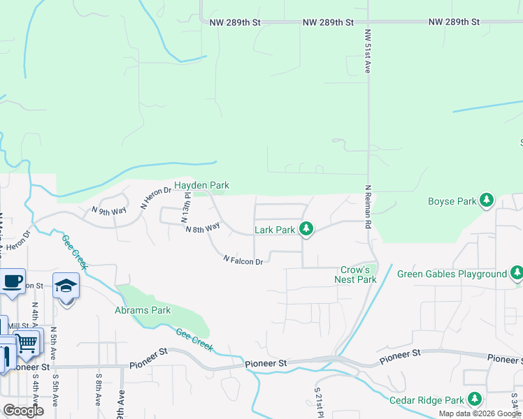 map of restaurants, bars, coffee shops, grocery stores, and more near 1814 North 8th Way in Ridgefield