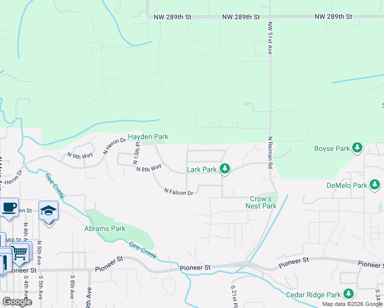 map of restaurants, bars, coffee shops, grocery stores, and more near 1817 North 9th Way in Ridgefield