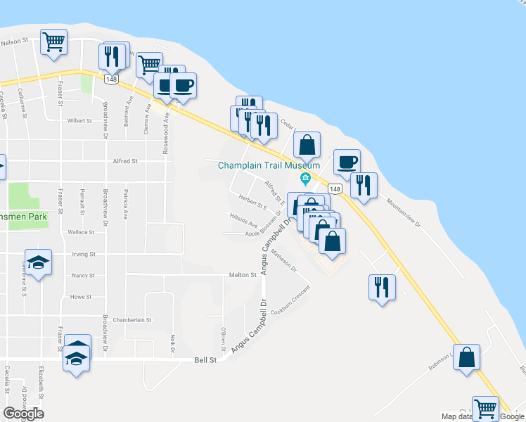 map of restaurants, bars, coffee shops, grocery stores, and more near 596 Herbert Street East in Pembroke