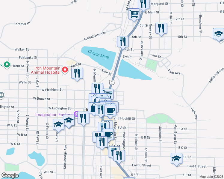 map of restaurants, bars, coffee shops, grocery stores, and more near 199 E Fleshiem St in Iron Mountain