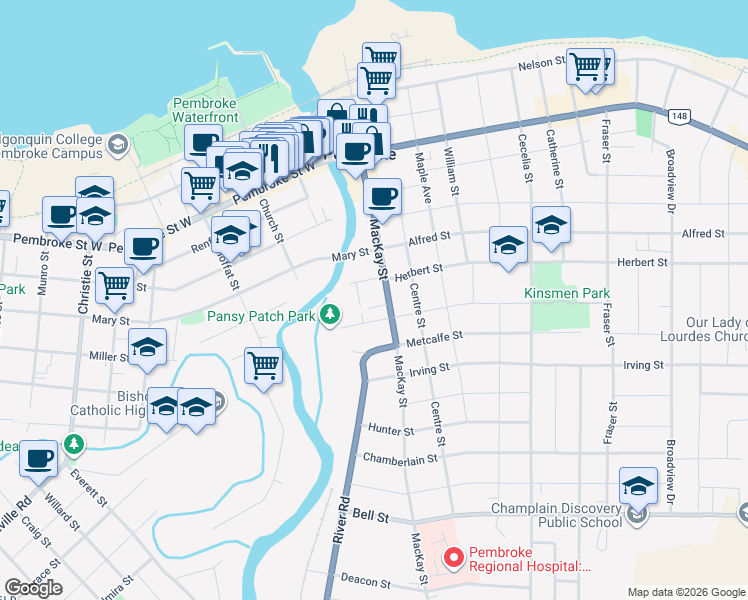 map of restaurants, bars, coffee shops, grocery stores, and more near 380 Mackay Street in Pembroke