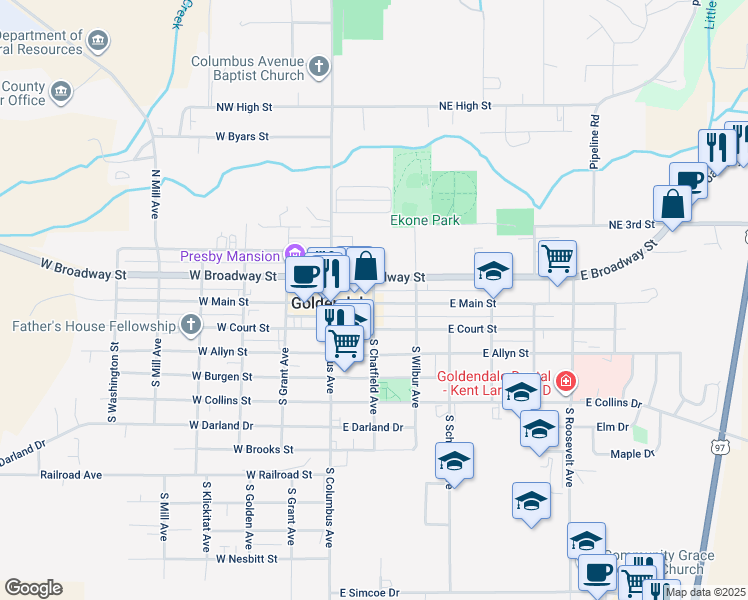 map of restaurants, bars, coffee shops, grocery stores, and more near 120 South Chatfield Avenue in Goldendale