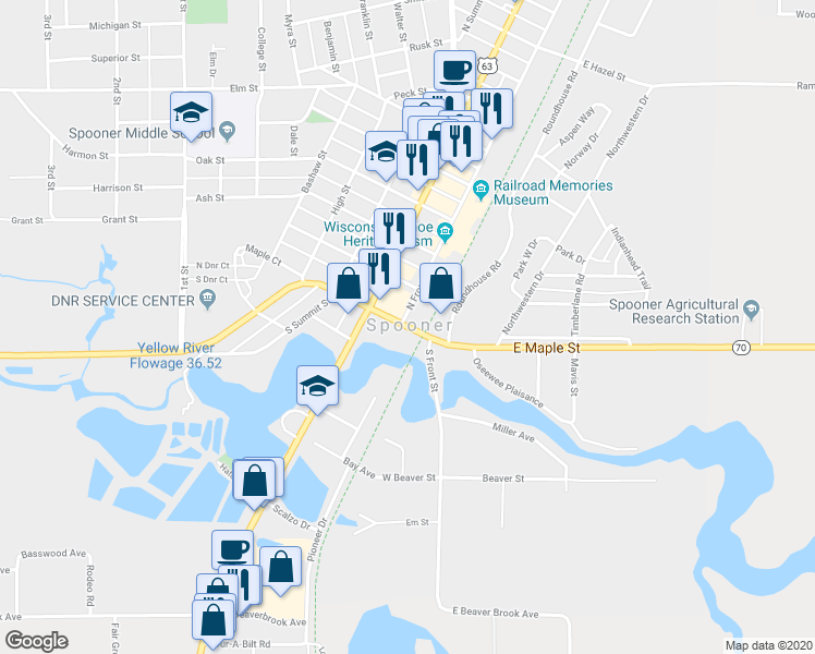map of restaurants, bars, coffee shops, grocery stores, and more near State Road 70 in Spooner