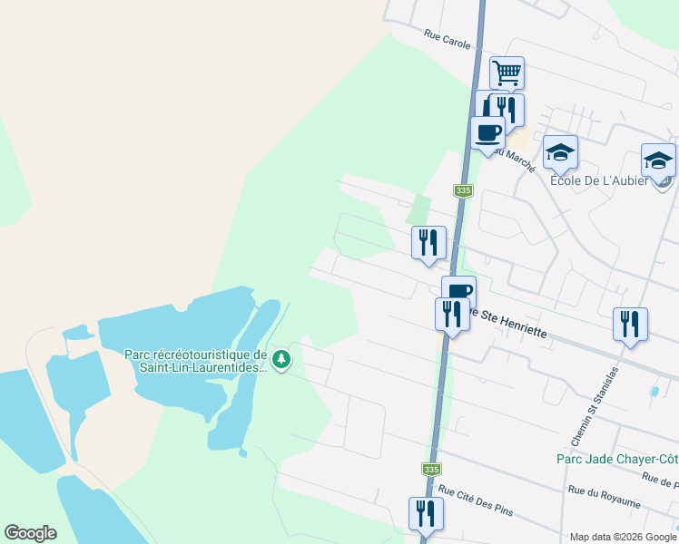 map of restaurants, bars, coffee shops, grocery stores, and more near 293 Rue Olivia in Saint-Lin - Laurentides
