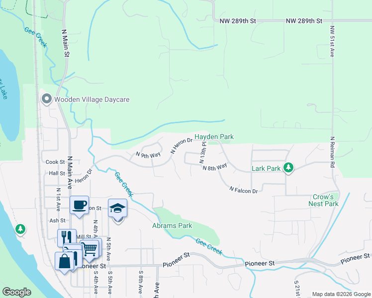 map of restaurants, bars, coffee shops, grocery stores, and more near 1124 North 9th Way in Ridgefield