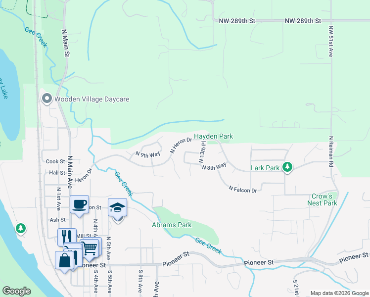 map of restaurants, bars, coffee shops, grocery stores, and more near 1125 North 9th Way in Ridgefield