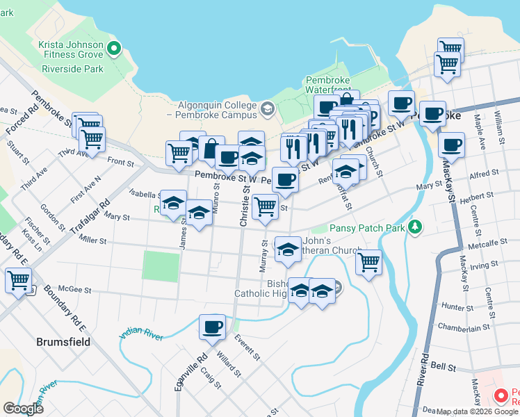 map of restaurants, bars, coffee shops, grocery stores, and more near 392 Isabella Street in Pembroke