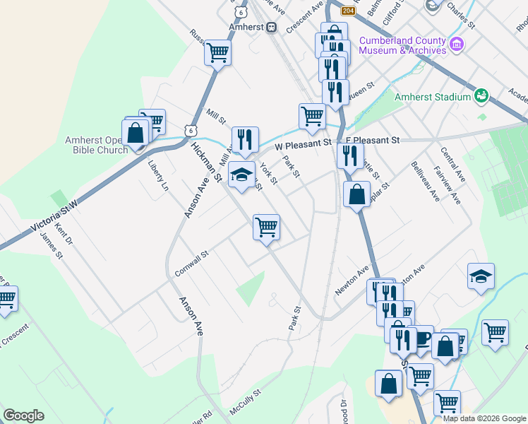 map of restaurants, bars, coffee shops, grocery stores, and more near 23 Snowden Avenue in Amherst