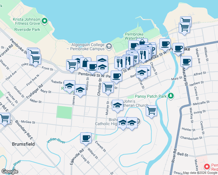 map of restaurants, bars, coffee shops, grocery stores, and more near 292 Murray Street in Pembroke
