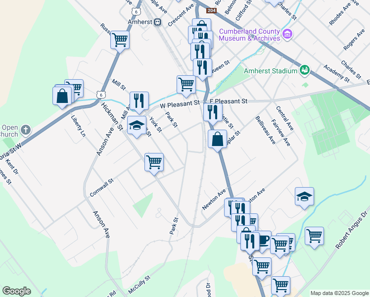 map of restaurants, bars, coffee shops, grocery stores, and more near 37 Park Street in Amherst