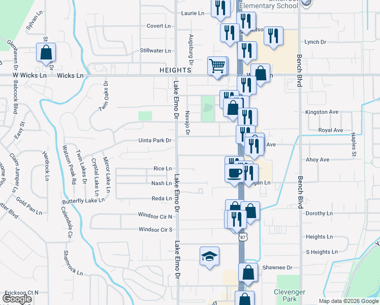 map of restaurants, bars, coffee shops, grocery stores, and more near 1349 Lake Elmo Drive in Billings