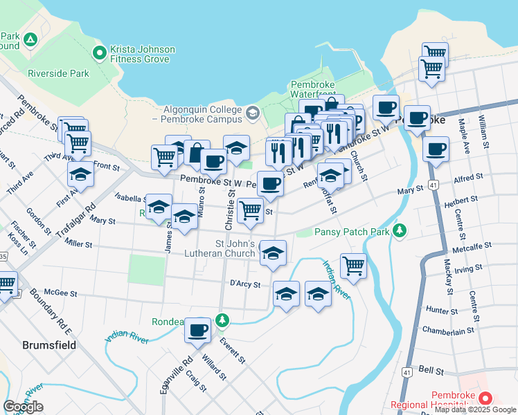 map of restaurants, bars, coffee shops, grocery stores, and more near 377 Isabella Street in Pembroke