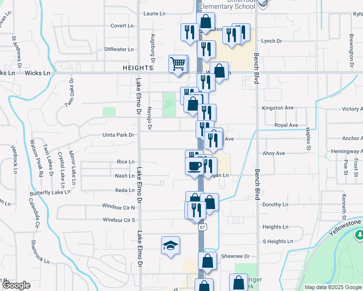 map of restaurants, bars, coffee shops, grocery stores, and more near 521 Judith Lane in Billings
