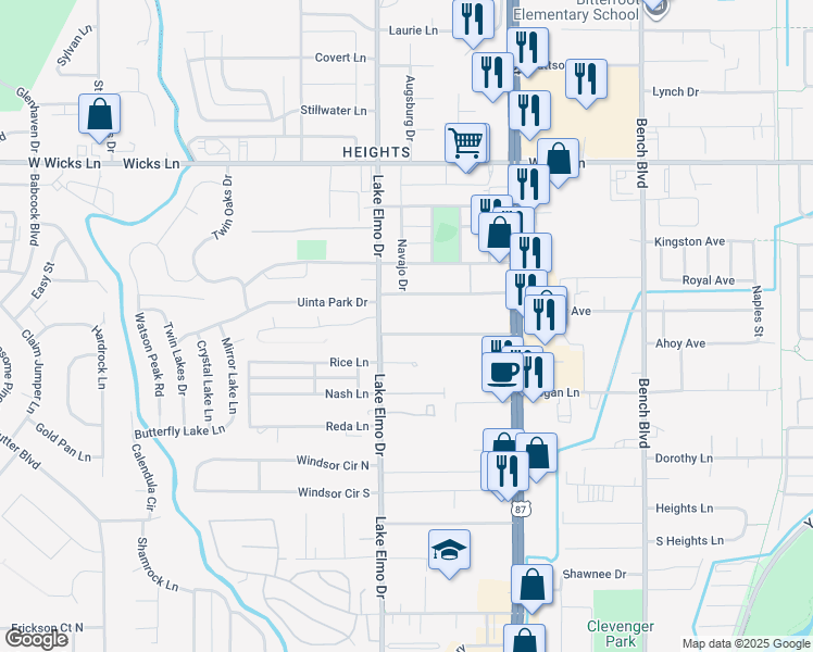 map of restaurants, bars, coffee shops, grocery stores, and more near 421 Judith Lane in Billings
