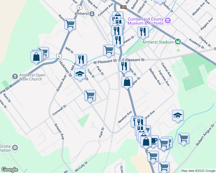 map of restaurants, bars, coffee shops, grocery stores, and more near 25 Park Street in Amherst