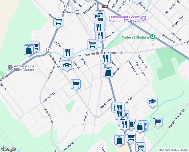 map of restaurants, bars, coffee shops, grocery stores, and more near 42 Park Street in Amherst