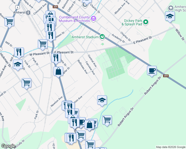 map of restaurants, bars, coffee shops, grocery stores, and more near 26 Fairview Avenue in Amherst