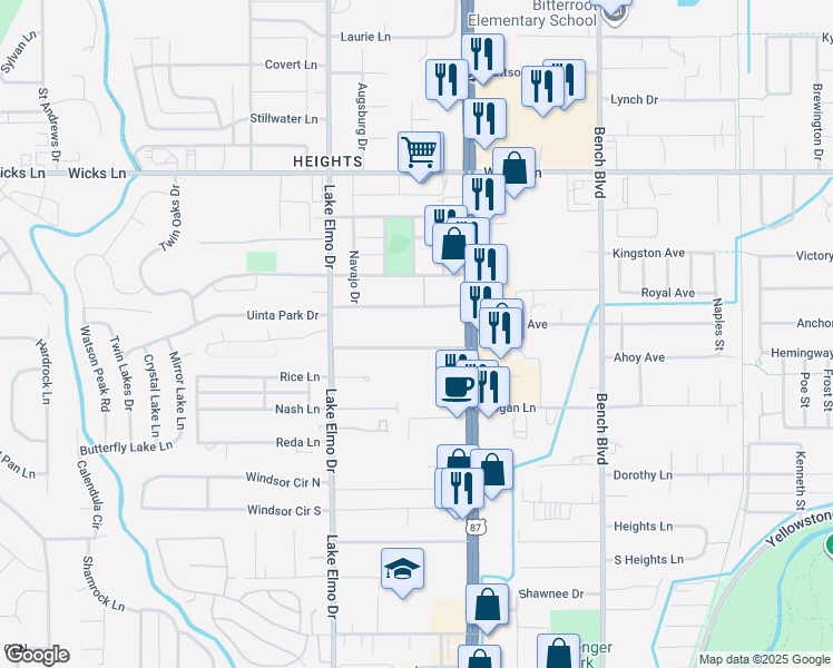 map of restaurants, bars, coffee shops, grocery stores, and more near 521 Judith Lane in Billings