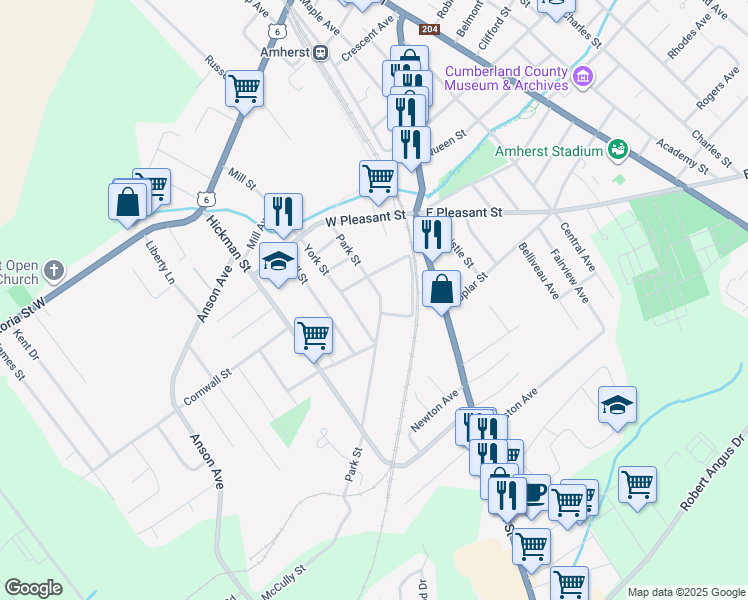 map of restaurants, bars, coffee shops, grocery stores, and more near 33 Park Street in Amherst
