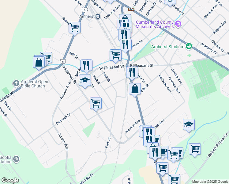 map of restaurants, bars, coffee shops, grocery stores, and more near 33 Park Street in Amherst