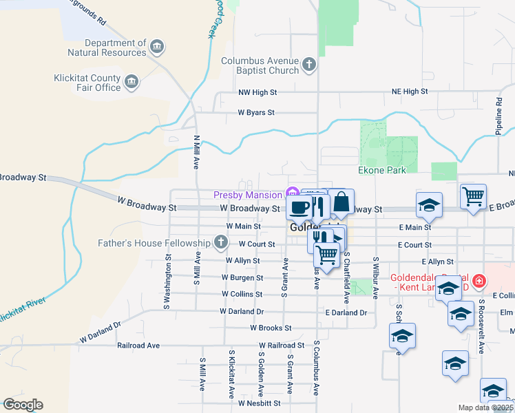 map of restaurants, bars, coffee shops, grocery stores, and more near 211 North Golden Avenue in Goldendale