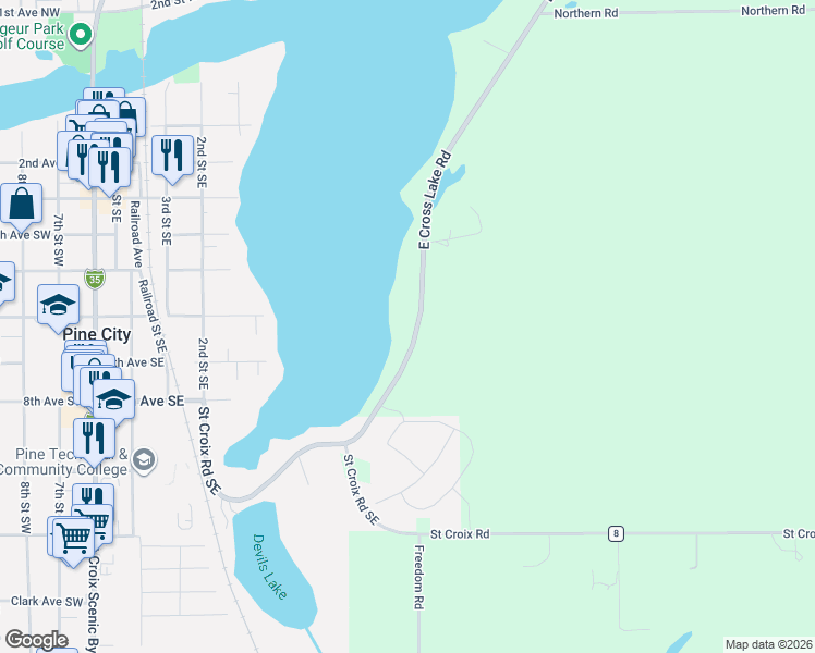map of restaurants, bars, coffee shops, grocery stores, and more near 12845 Cross Lake Road Southeast in Pine City
