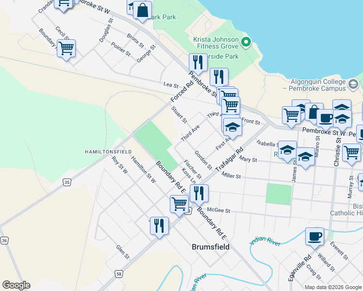 map of restaurants, bars, coffee shops, grocery stores, and more near 391 Third Avenue in Pembroke