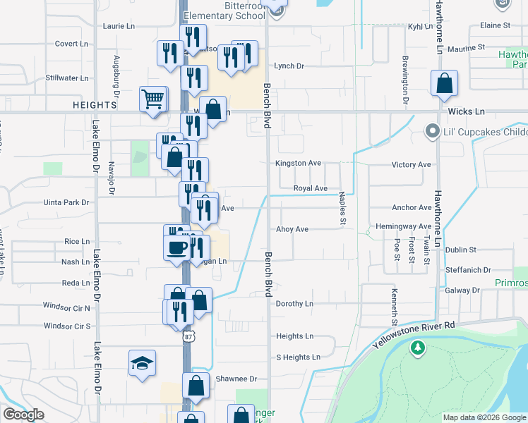 map of restaurants, bars, coffee shops, grocery stores, and more near 1336 Bench Boulevard in Billings