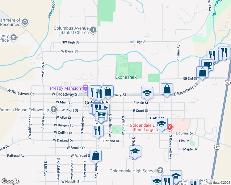 map of restaurants, bars, coffee shops, grocery stores, and more near 201 East Broadway Street in Goldendale
