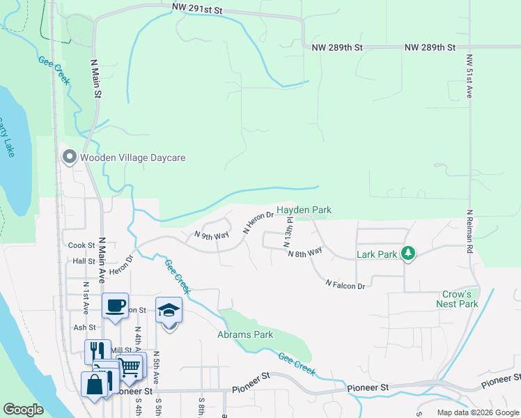 map of restaurants, bars, coffee shops, grocery stores, and more near 1116 North Heron Drive in Ridgefield