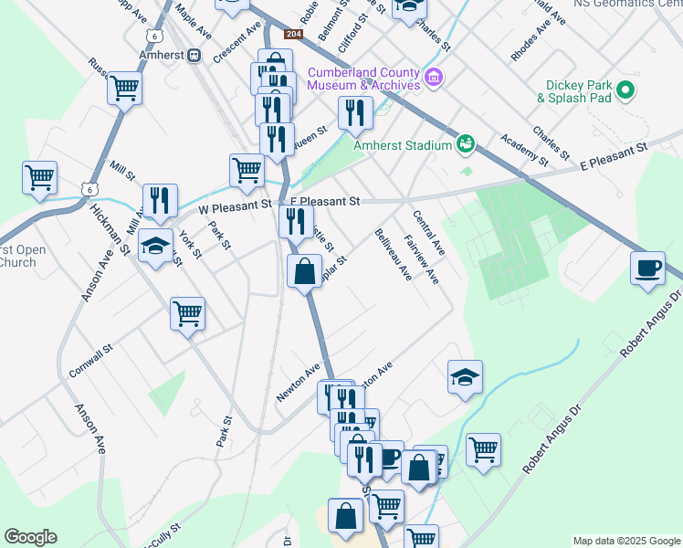 map of restaurants, bars, coffee shops, grocery stores, and more near 15 Poplar Street in Amherst