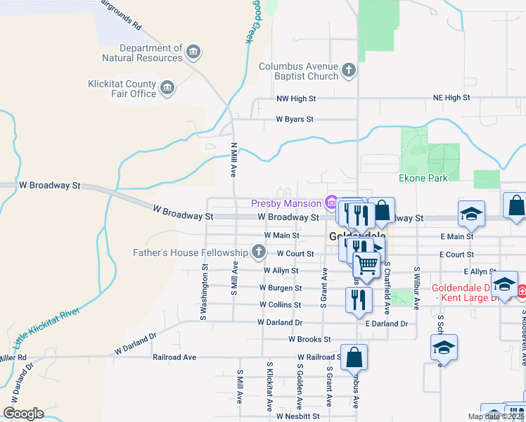 map of restaurants, bars, coffee shops, grocery stores, and more near 330 Northwest 2nd Avenue in Goldendale