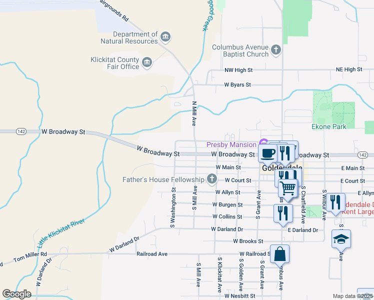 map of restaurants, bars, coffee shops, grocery stores, and more near 520 Northwest 2nd Street in Goldendale