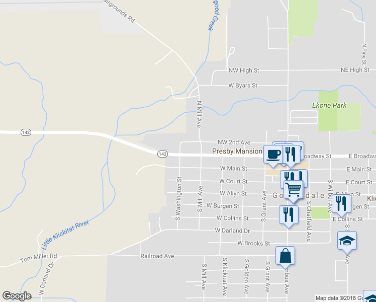 map of restaurants, bars, coffee shops, grocery stores, and more near 521 West Broadway Street in Goldendale