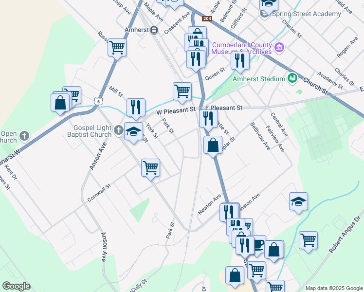 map of restaurants, bars, coffee shops, grocery stores, and more near 36 Park Street in Amherst