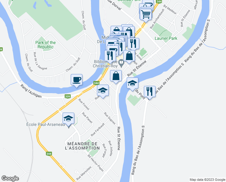 map of restaurants, bars, coffee shops, grocery stores, and more near 140 Beaupré Street in L'Assomption