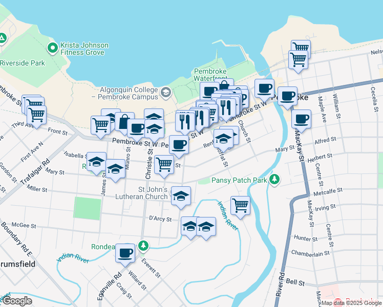 map of restaurants, bars, coffee shops, grocery stores, and more near 282 Renfrew Street in Pembroke