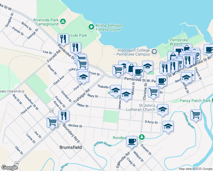 map of restaurants, bars, coffee shops, grocery stores, and more near 579 Isabella Street in Pembroke
