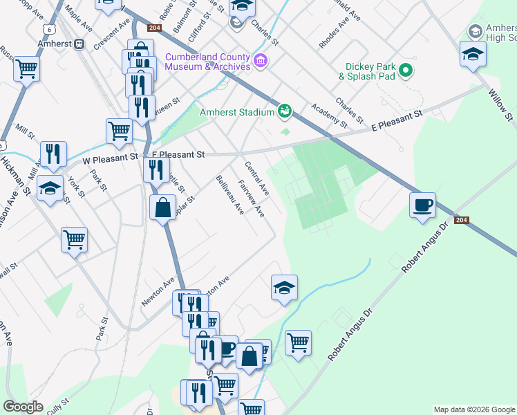 map of restaurants, bars, coffee shops, grocery stores, and more near 26 Fairview Avenue in Amherst