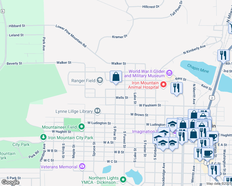 map of restaurants, bars, coffee shops, grocery stores, and more near 801-899 Houghteling St in Iron Mountain