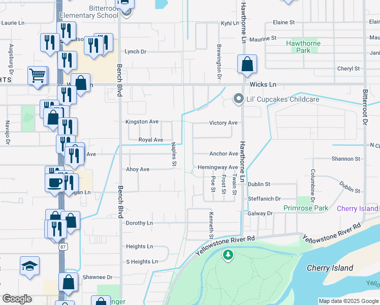 map of restaurants, bars, coffee shops, grocery stores, and more near 1340 Cottonwood Boulevard in Billings