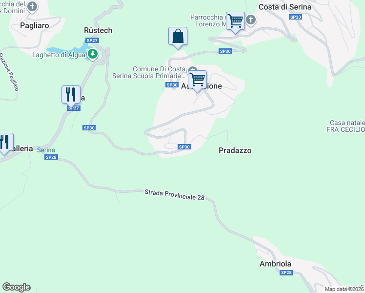 map of restaurants, bars, coffee shops, grocery stores, and more near 46 Via Europa in Ascensione