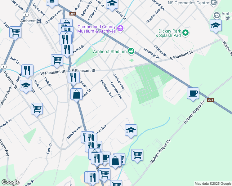 map of restaurants, bars, coffee shops, grocery stores, and more near 25 Fairview Avenue in Amherst
