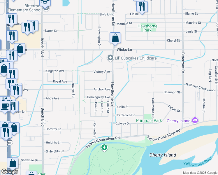 map of restaurants, bars, coffee shops, grocery stores, and more near 1139 Anchor Avenue in Billings