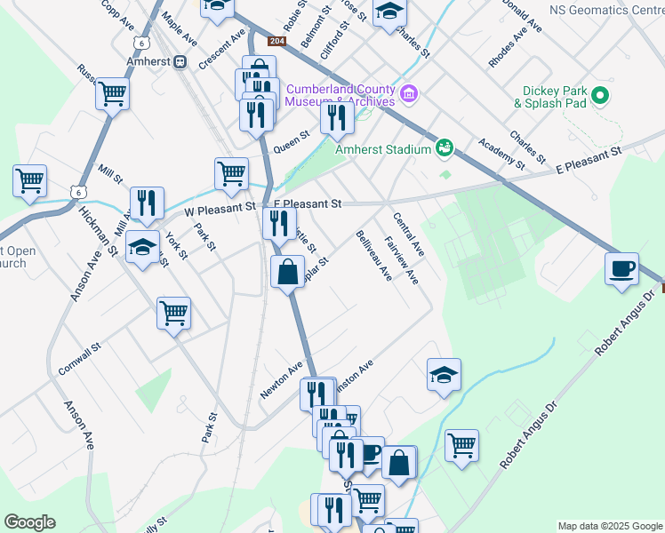 map of restaurants, bars, coffee shops, grocery stores, and more near 19 Poplar Street in Amherst